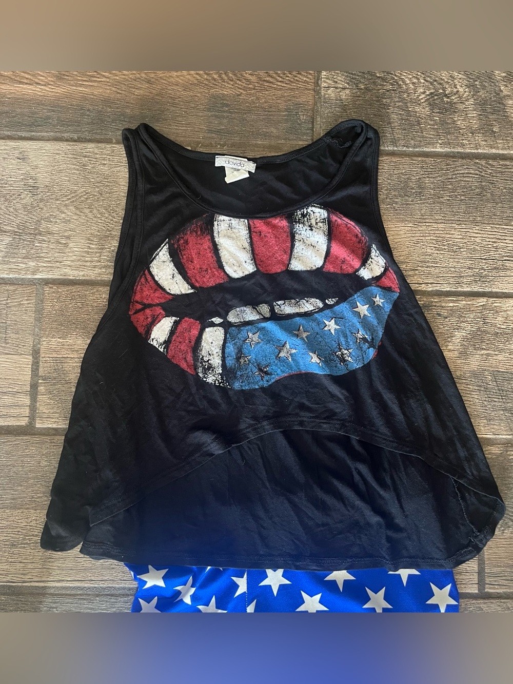 BlackMilk all over star print leggings blue background M bonus flag lips tank L - Picture 10 of 12